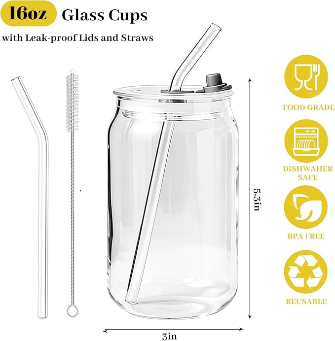Leakproof Glass Cups with Plastic Lids and Straws, 16oz Iced Coffee Cup, Drinking Glasses Tumbler for Water, Boba Tea, Smoothie - 12pcs