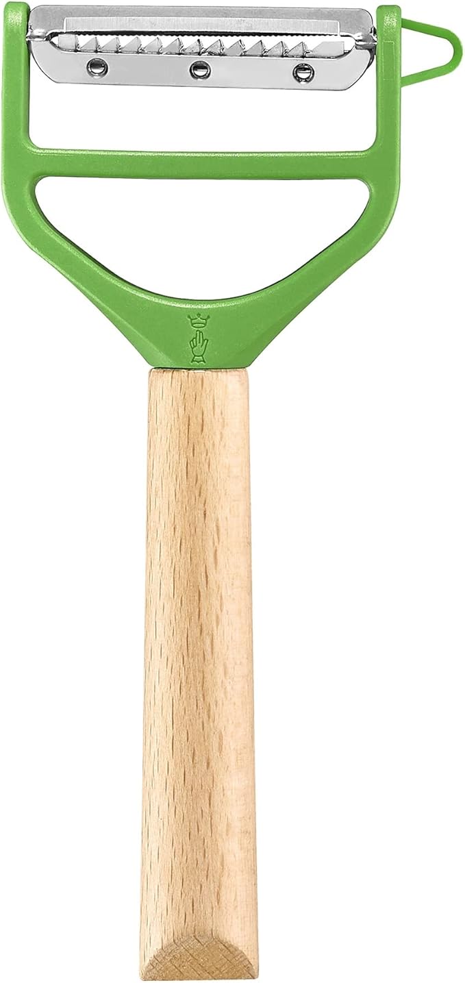 OPINEL - T-Duo Wooden Handle Peeler - Stainless Steel Blades - Comfortable Grip - 1 Micro-Serrated Blade for Peeling + 1 Blade for Preparing Vegetables (Green)