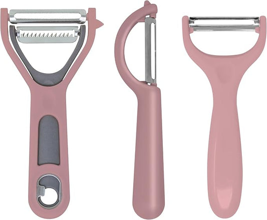 Vegetable Peeler 3-Piece Set – Swivel Cutter, Y-Shaped Slicer, and Julienne Peeler with Bottle Opener and Built-in Eye Remover – Stainless Steel Blade with Comfortable Handle for Kitchen – Pastel Pink
