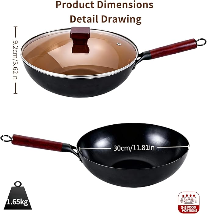 Calmabode Uncoated Carbon Steel Wok with Wooden Handle (13 Inch) - Traditional Chinese Stir Fry Pan for High Heat Cooking, Non-Toxic, Easy Cleanup, Induction & Stovetop Compatible with Hanging Loop