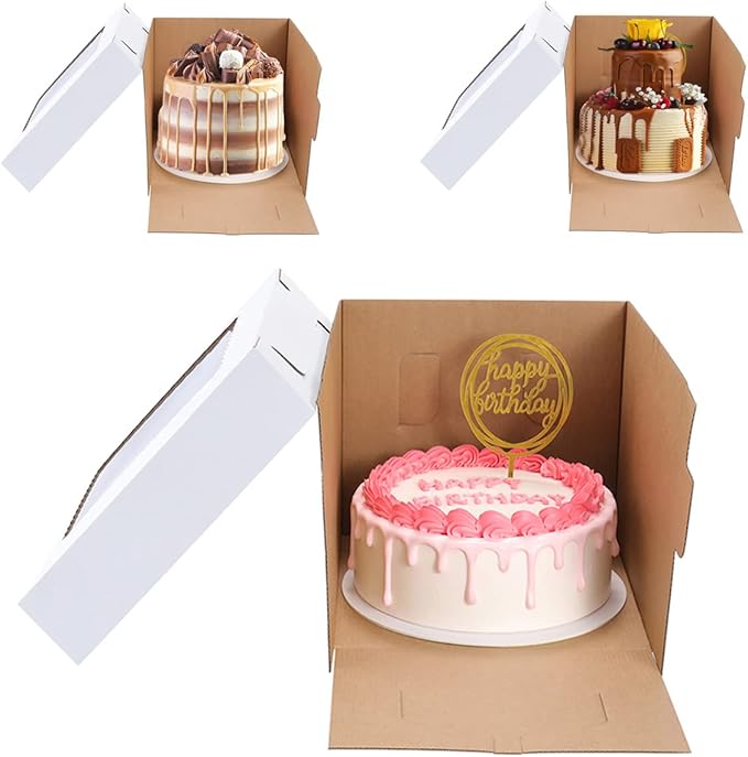Huoshange Tall Cake Boxes for Tier Cakes,8x8x8 Inch [12Pack ] Thick Sturdy Cake Box with Window, White Cake Carrier,Disposable Cake Containers