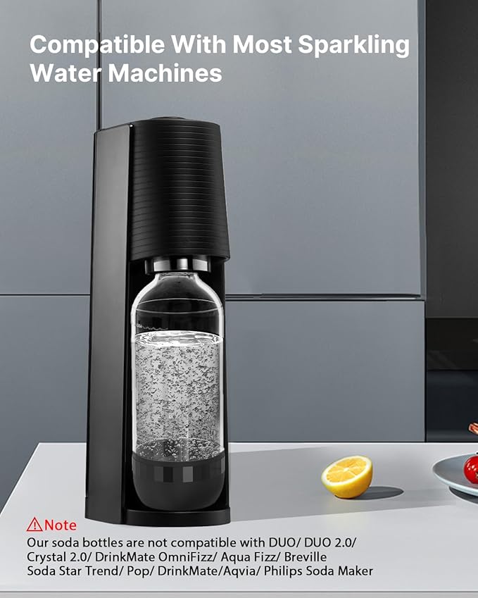 Soda Maker Bottles, BPA-Free Reusable Soda Bottles (2-Pack), 1L Leakproof Carbonated Water Bottles with Secure Seal, Compatible with Most Soda Makers Black