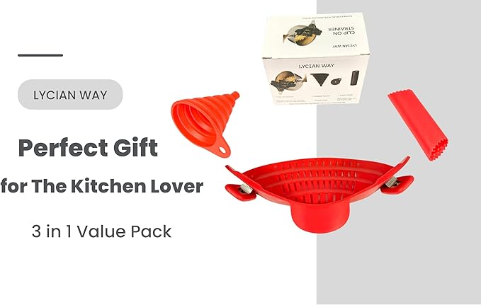Clip on Strainer Silicone for All Pots and Pans, Colander, Pot Strainer for Pasta, Meat, Vegetables, Space Saving Design, Food-Safe with Collapsible Funnel, Garlic Peeler, 3 Pack (Red)