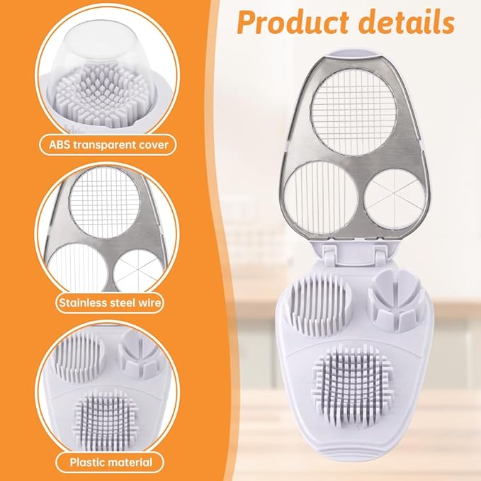 3 In 1 Egg Slicer for Hard Boiled Eggs, 3 Slice Modes Stainless Steel Egg Cutter, Eggs Dicer Kitchen Chopper Tool for Eggs, Butter, Strawberry, Tomato, Mushroom, and Grape, Dishwasher Safe