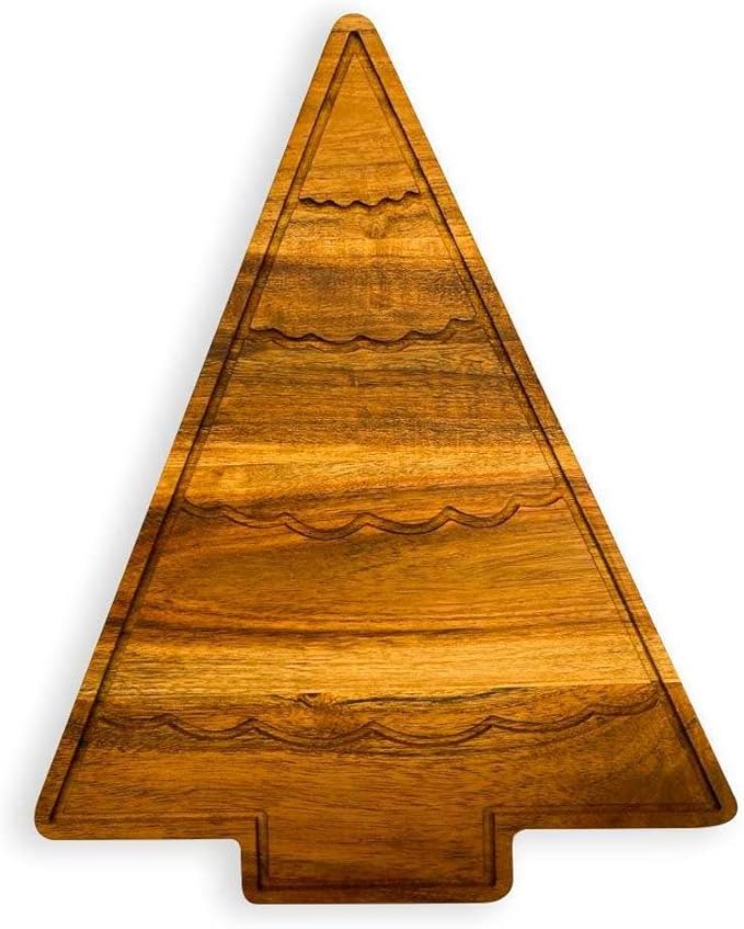 Treen Art Wooden Christmas Cutting Board for Kitchen Decor, 13.5"L x 10.8"W Tree Shaped Acacia Wood Chopping Board with Handle & Curved Grooves, Serving Charcuterie Platter