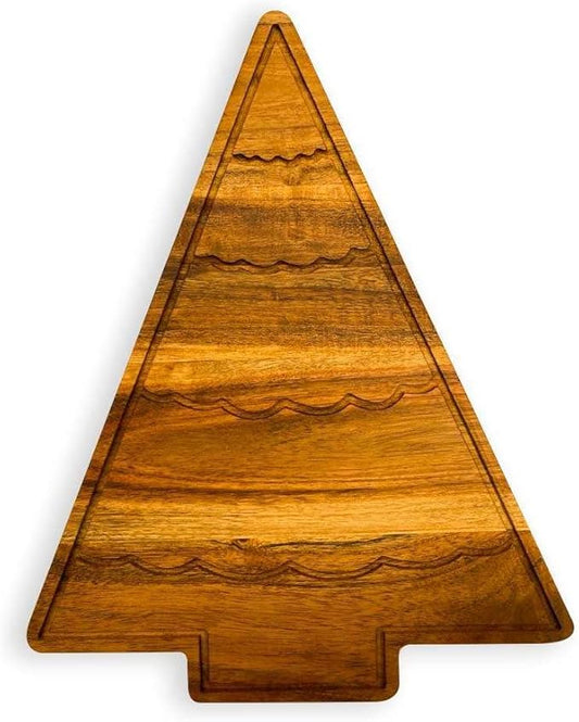 Treen Art Wooden Christmas Cutting Board for Kitchen Decor, 13.5"L x 10.8"W Tree Shaped Acacia Wood Chopping Board with Handle & Curved Grooves, Serving Charcuterie Platter