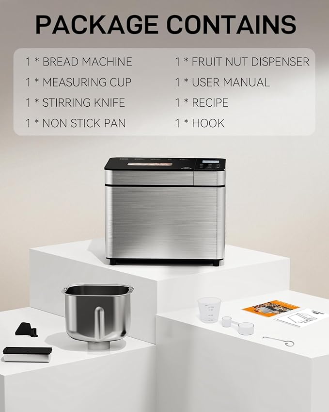 25-IN-1 Bread Maker with Recipes, 2lb Automatic Bread Machine with Visible Lid, Automatic Nut Dispenser/One-Touch Control/13 Hours Delay Timer, Easy to Begin and High Success Rate for Homemade Bread