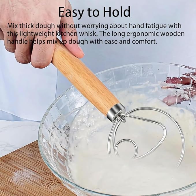 Danish Dough Whisk, 13-Inch Stainless Steel Hook Dutch Hand Mixer with Wooden Handle, Kitchen Tools For Cooking, Sourdough Baking
