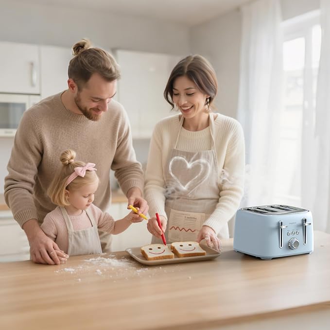 4 Slice Toaster 1.5" Extra Wide Slot - Stainless Steel, High Lift, 6 Browning Settings, Blue