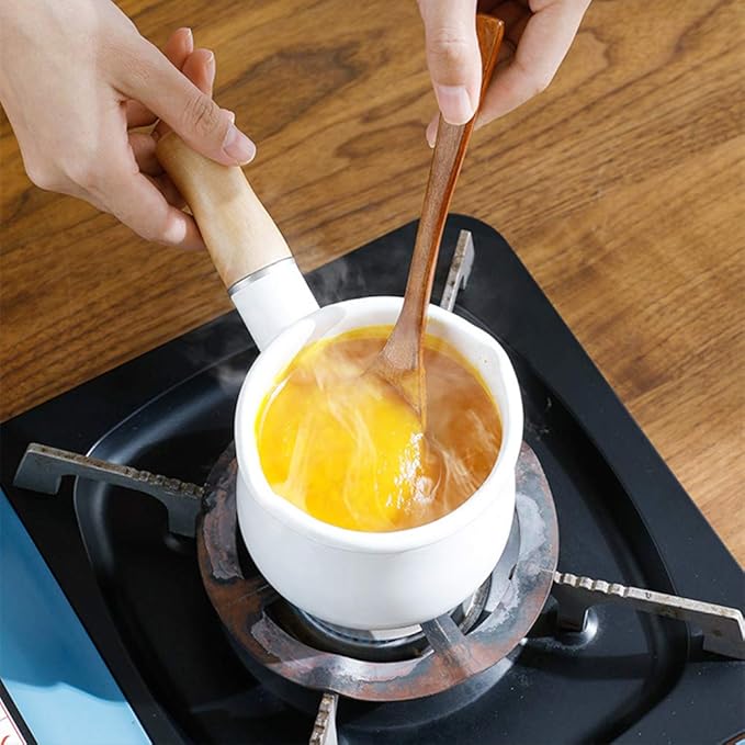 Enamel Milk Pot, Small Saucepan Milk Pot Butter Warmer 4 Inch 17 Oz Enamel Small Sauce Pan with Wooden Handle, Perfect Size for Heating Smaller Liquid Portions. (White）