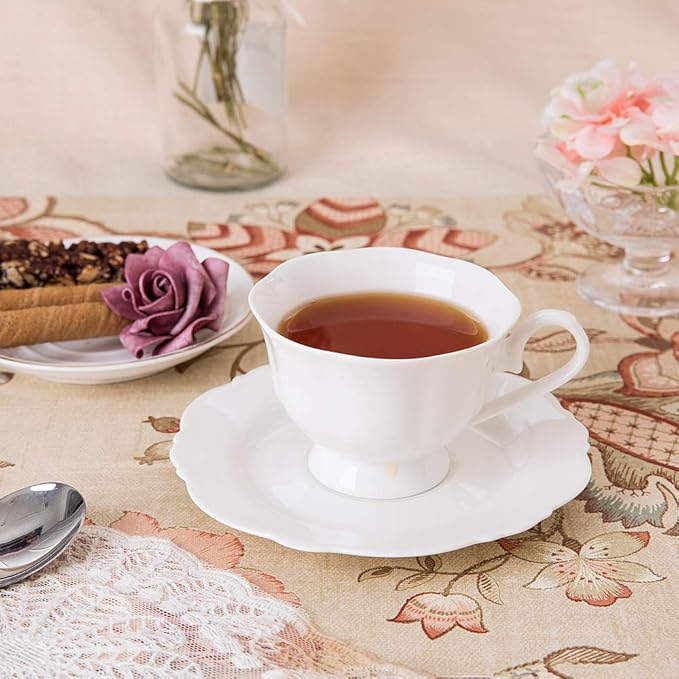 Fine China White Coffee Teacup and Saucer Sets, Set of Four