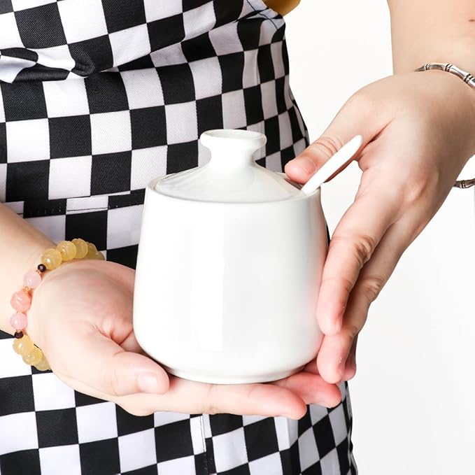 Ceramic Sugar Bowl with Lid and Spoon, Porcelain Salt Storage Jar, White Seasoning Container for Home and Kitchen, 9 Ounces (White)