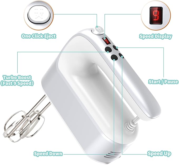Yomelo 9-Speed Digital Hand Mixer Electric, 400W Powerful DC Motor, Hand Mixer Electric Handheld with Snap-On Storage Case, 5 Stainless Steel Accessories, Beaters, Dough Hooks, Whisk(Silvery White)