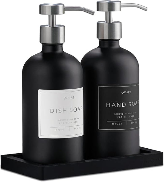 Lotion, Hand & Dish Soap Dispenser for Kitchen & Bathroom | Soap Dispenser Set of 2 16.8 Oz Glass Bottles with Stainless Steel Pump, 15 Water Proof Labels & Silicon Tray (Black/Silver)