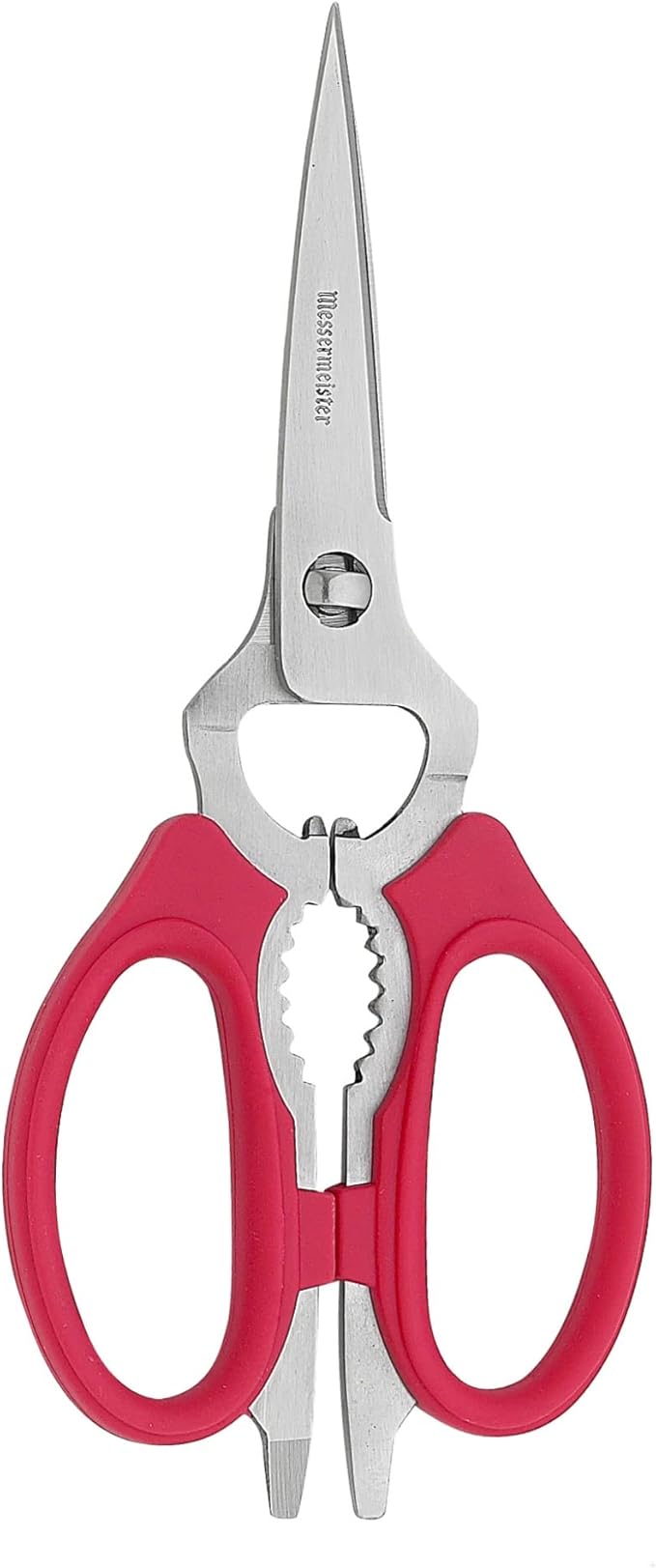 Messermeister 8-Inch Take-Apart Kitchen Scissors, Red - Includes Screwdriver, Nut Cracker, Jar Lid Opener/Gripper, Bottle Opener & Bone + Twig Cutter - Suitable for Lefties & Righties