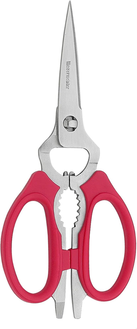 Messermeister 8-Inch Take-Apart Kitchen Scissors, Red - Includes Screwdriver, Nut Cracker, Jar Lid Opener/Gripper, Bottle Opener & Bone + Twig Cutter - Suitable for Lefties & Righties