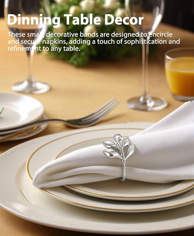 Leaf Napkin Ring Holder Set of 12 Silver Color Dining Table Décor for Wedding Party Dinner Banquet Thanksgiving Halloween (Silver 12pcs)