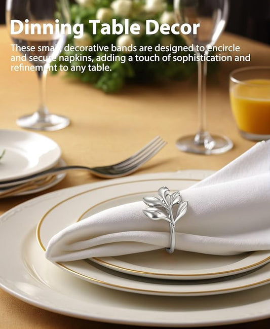 Leaf Napkin Ring Holder Set of 12 Silver Color Dining Table Décor for Wedding Party Dinner Banquet Thanksgiving Halloween (Silver 12pcs)