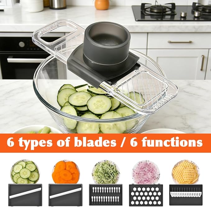 Mandoline Slicer for Kitchen, 6-in-1 Vegetable Chopper with Safe Hand Guard Easy-Clean Design & Compact Storage for Salad Prep, Chips, Fruits & Daily Cooking(COLOR:grey)
