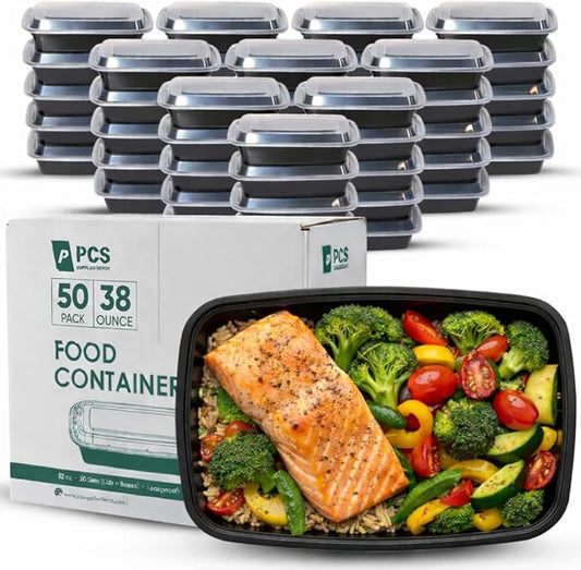 38 oz 50 Pack Meal Prep Containers BPA Free Leakproof Stackable Food Storage Containers with Lids, Microwave & Dishwasher Freezer Safe Reusable To Go Containers Bento Box Style Take Out Clear Plastic