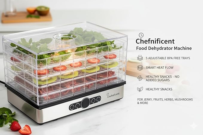 Food Dehydrator DryPro 400 Machine with 5 Adjustable Trays, Rapid 4 Hour Drying, BPA Free Fruit Dryer for Jerky, Herbs, Mushrooms, Freeze Dryer Alternative for Healthy Snack