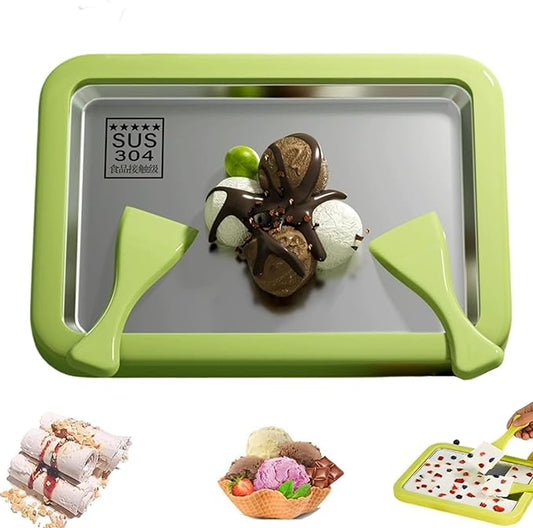 Rolled Ice Cream Maker Large, At Home Rolled Ice Cream Tray Kit With 2 Scrapers, Diy Stainless Steel Instant Frozen Yogurt Cold Plate, Fun Family Activity, Easy Homemade Desserts (Green, 8.6"x 6.8")