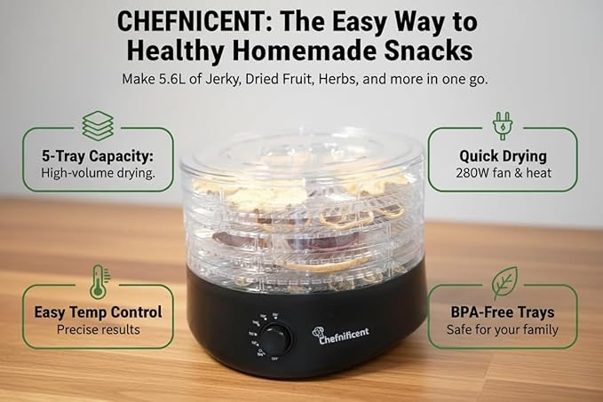 Food Dehydrator DryMax 280 – 5 Tray Adjustable, BPA-Free – 4-Hour Quick Drying, Even Heat, Easy Temp Control – Fruit, Veggie, Meat Jerky Maker (Black)