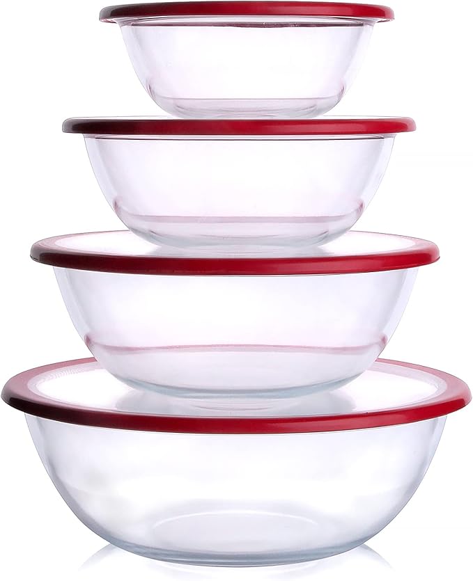 HUSANMP Glass Mixing Bowl with Lids Set, 8 PCS Glass Salad Bowls for oven. Microwave and Dishwasher Safe (0.7L + 1.3L + 2L + 3L)