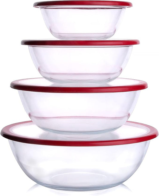 HUSANMP Glass Mixing Bowl with Lids Set, 8 PCS Glass Salad Bowls for oven. Microwave and Dishwasher Safe (0.7L + 1.3L + 2L + 3L)