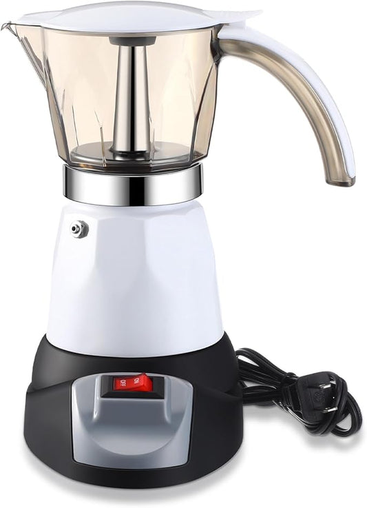 Lemosae Electric Espresso Maker Transparent Coffee Maker Electric Moka Pot Portable Aluminum Espresso Machine Italian Moka Pot with Detachable Base, Coffee Gift for Women Men Home Travel (White,6 Cup)
