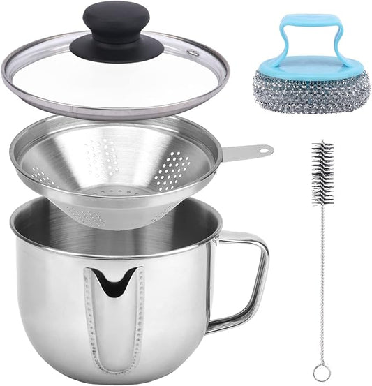 Stainless Steel Fat Separator 4 Cup/1000ML Gravy Grease Separator with Strainer and Glass Lid, Soup Oil Separator Cup for Cooking, Oil Soup Separator Strainer Pot for Kitchen