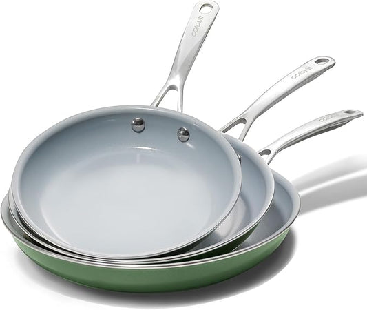 Coicur Nonstick Ceramic Frying Pans 8" 9.5" 11" Ceramic Skillets Set with Stainless Steel Handle Omelet Pans Healthy Cooking Chef Pans, PFOA Free, Forest Green