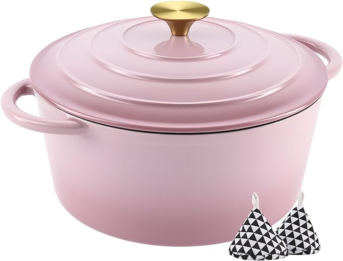 Miereirl 6 Quart Enameled Dutch Oven Pot with Lid, Cast Iron Dutch Oven with Dual Handles for Bread Baking, Cooking, Non-stick Enamel Coated Cookware, Pink