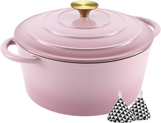 Miereirl 4.5 Quart Enameled Dutch Oven Pot with Lid, Cast Iron Dutch Oven with Dual Handles for Bread Baking, Cooking, Non-stick Enamel Coated Cookware, Pink