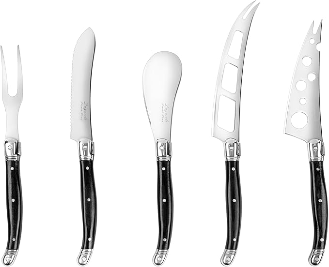 French Home Laguiole 5-Piece Artisan Cheese Knife Set – Versatile Cheese Knives Set with Three-Rivet Black Pakkawood Handles & Iconic Bee Emblem – Sophisticated Charcuterie Board Accessories