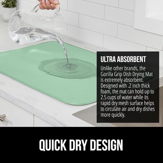 GORILLA GRIP Ultra Water Absorbent Microfiber Dish Drying Mat, Quick Dry Thick Mesh, Slip Resistant Pad for Sink Dishes or Under Rack, Kitchen Counter Accessories, 16x18, Machine Wash Mats, Mint