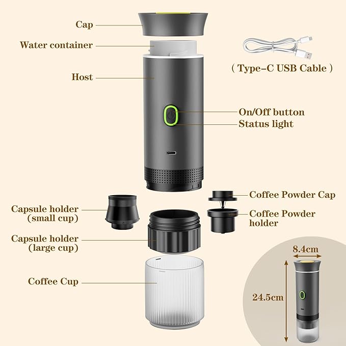Lmozim Portable Coffee Maker, Espresso Machine for camping, Travel Coffee Maker with USB-C, 3-in-1 Small Espresso Machine with Ground Coffee & Capsules (NS＆DG) for RV, Hiking, Office(Grey)