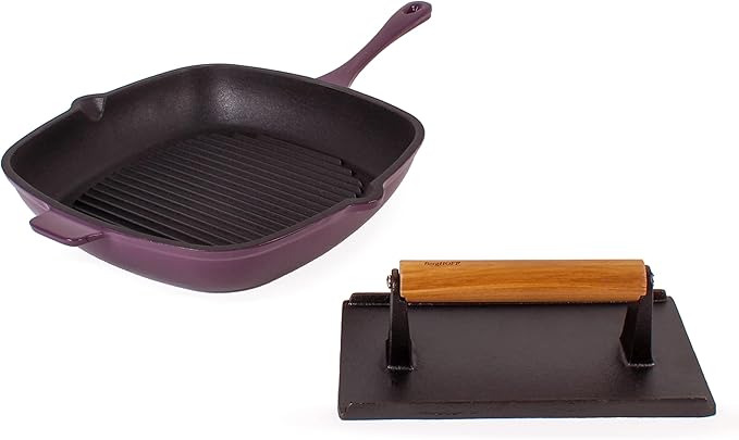 Berghoff Neo 2Pc Enameled Cast Iron Grill Set, Grill Pan 11 inches, Bacon/Steak Press 8 inches, Fast, Evenly Heat, Oven safe (Purple)