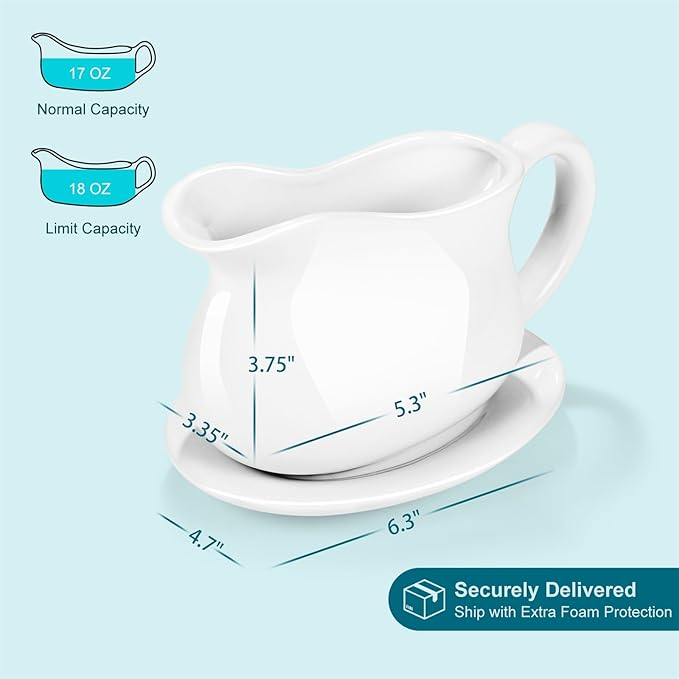 Gravy Boat, Sauce Boat 18 oz Gravy Bowl with Tray, Ceramic Serving Dish for Sauces, Dressings and Creamer with Large Handle, Designed for Microwave Safe Omesata
