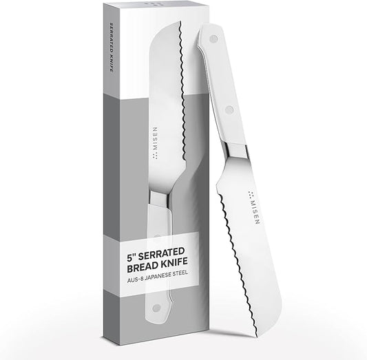 Misen Serrated Bread Knife - High-Carbon Japanese AUS8 Steel - Perfect for Soft Foods, Bread, Pastries, and Fruits - Verstatile Slicer, Razor-Sharp Edge, Durable Blade, Ergonomic Handle - 5", White