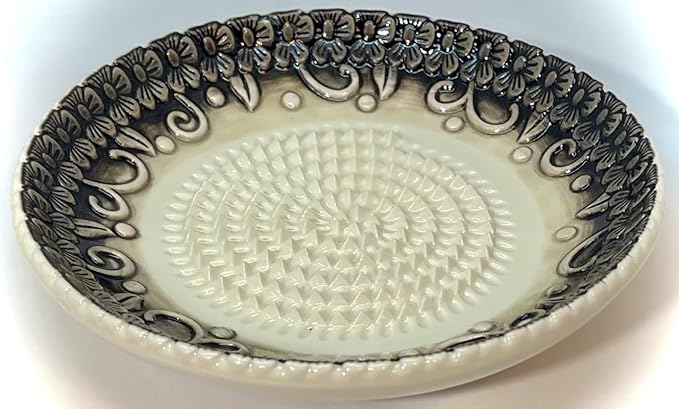 All-in-one Premium Ceramic Garlic Grater Plate 4-Piece Set - Black Embossed Design and Style - For Garlic, Ginger, Chocolate, and more! - Comes with 5.25" Plate, Peeler, Brush, and Stand