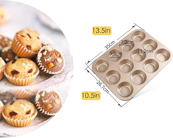 Cayanmydery 12-Cup Muffin Pan Tin for Baking, 2 Packs Nonstick Cupcake Pan Tin, Cup Cake Tray, Cheesecake Pans, Gold