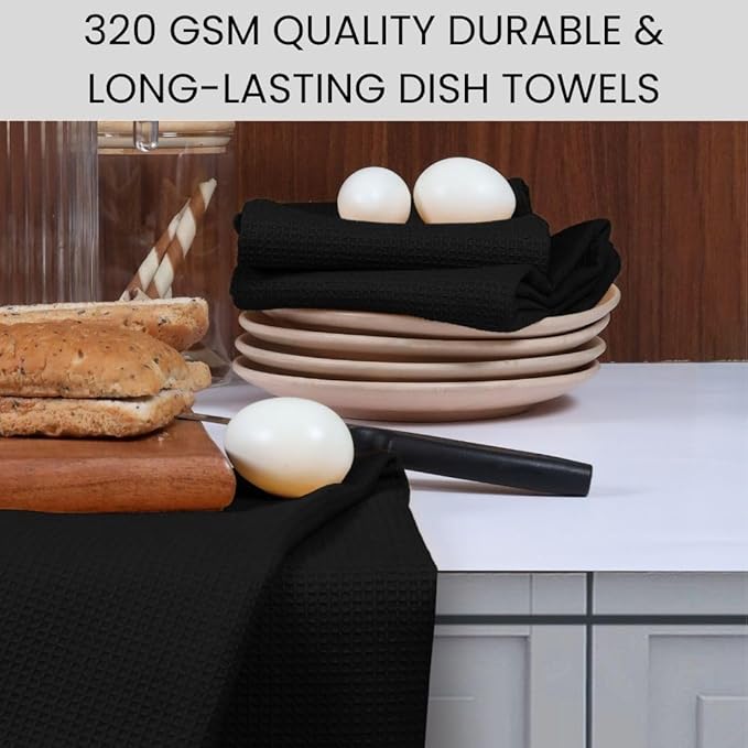 Waffle Kitchen Towels Large 16x26 inch 100% Cotton Set of 4 - Soft Absorbent Washable Tea Towel for Kitchen - Dish Cloths Quick Drying - 320 GSM Quality Dish Towels Black
