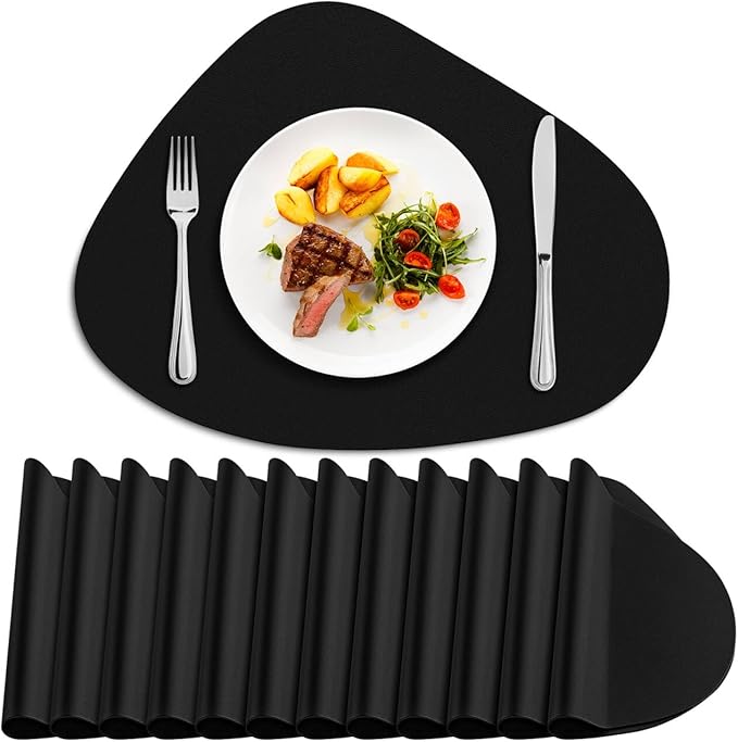 Placemats Set of 12 - Washable Faux Leather Heat Resistant Table Mats, Wipeable Placemats for Kitchen Dining Indoor Outdoor & Fall Thanksgiving Decor, Black