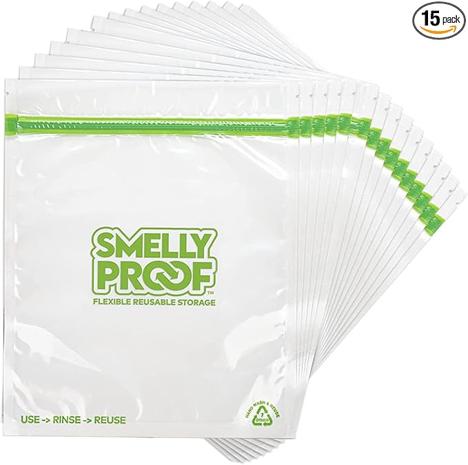 Reusable Food Storage Bags Designed & MFG by Smelly Proof, USA MADE, Dishwasher-Safe, Easy-To-Clean, NO PEVA & BPA FREE, Clear FLAT Large 3-mil Thick, 8.5" x 10", Quart Size Bags, 15-Bags