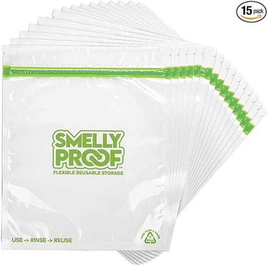 Reusable Food Storage Bags Designed & MFG by Smelly Proof, USA MADE, Dishwasher-Safe, Easy-To-Clean, NO PEVA & BPA FREE, Clear FLAT Large 3-mil Thick, 8.5" x 10", Quart Size Bags, 15-Bags
