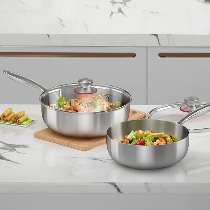 YeKuKing Tri-ply Stainless Steel Saute Pan 5-Quart with Clear Lid Deep Frying Pan for Chef's Cooking Wok Induction Oven Dishwasher Safe, Compatible with All Cooktops(Detachable Handle,11 Inch)