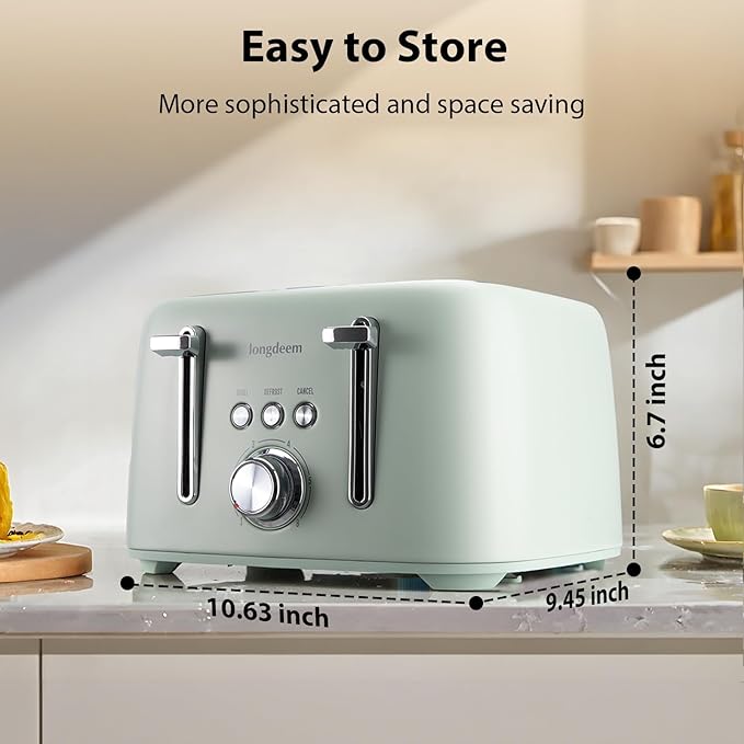 4-Slice Stainless Steel Toaster - 1.5" Extra Wide Slots, High Lift, 6 Browning Settings, Family Friendly,Breakfast Kitchen Appliance
