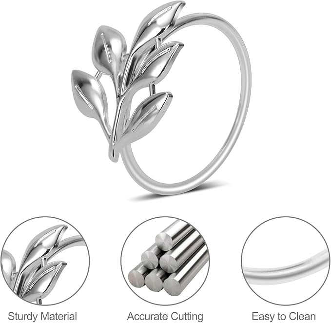 KPOSIYA Set of 6 Leaf Napkin Rings Metal Gold Napkin Holder Table Napkin Rings for Thanksgiving Day Christmas Dinning Table Parties Everyday (Ye Zi-Silver 6)