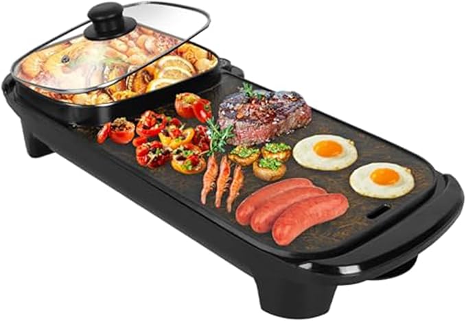 iMounTEK Electric Hot Pot with Grill, 2 IN 1 Hot Pot with BBQ Grill Cooker Smokeless Non-Stick Korean BBQ Grill Shabu Hot Pot with Independent Temperature Control Firepower For 10 People Party Camping